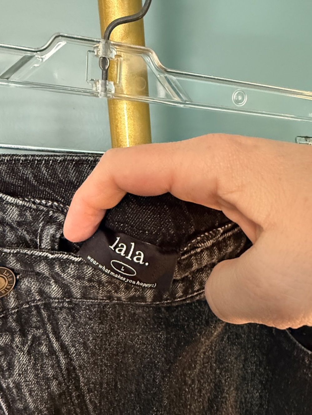 Dressed in LALA Black Denim Skirt, front slit and asymmetrical button - Picture 2 of 5